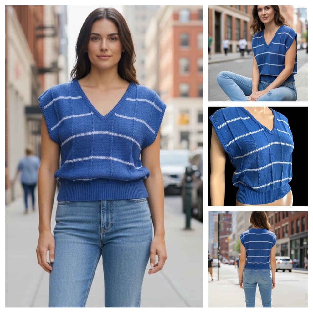 Vintage 70s John Meyer Women's Blue White Stripe Petite Medium Sweater Vest